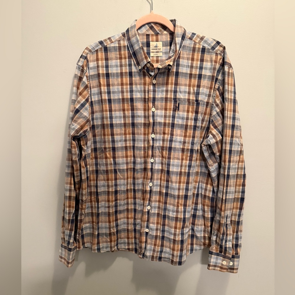johnnie-O 100% Cotton Blue and Brown Plaid Button-Down Shirt XL Beachy Coastal